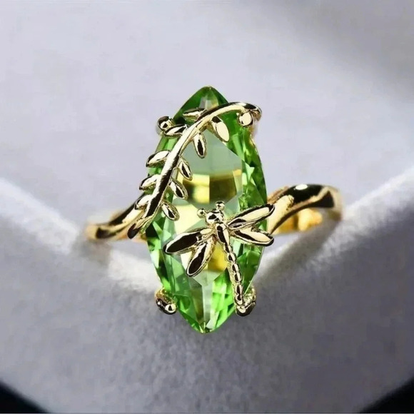 2 LEFT! Gold Dragonfly Wrapped Green Stone Ring - Picture 1 of 5